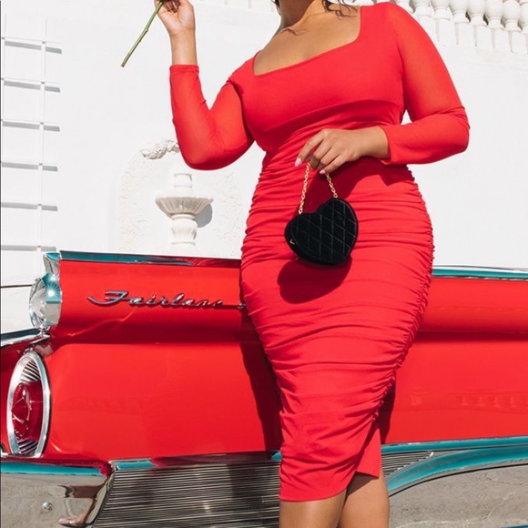 red mesh midi dress